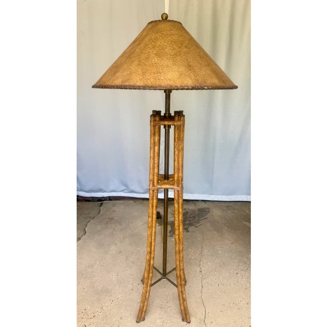Campaign Vintage Maitland-Smith Faux Bamboo and Brass Floor Lamp With Faux Tortoiseshell Lined Leather Shade For Sale - Image 3 of 12