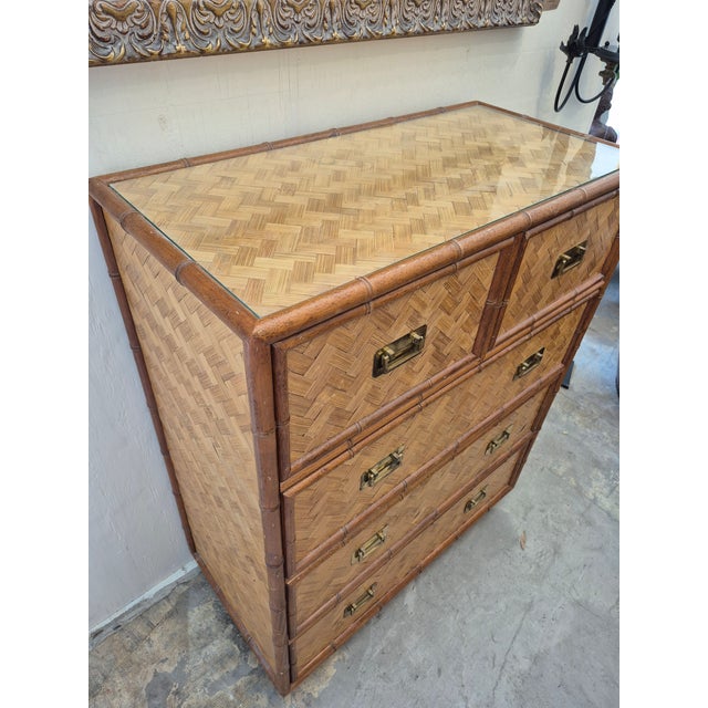 Boho Chic Vintage Itailian Grasscloth and Faux Bamboo Chest of Drawers For Sale - Image 3 of 7
