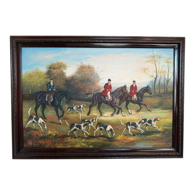 Large Vintage Oil Painting English Fox Hunt Horses Hounds Hunting Scene Art For Sale