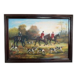 Large Vintage Oil Painting English Fox Hunt Horses Hounds Hunting Scene Art