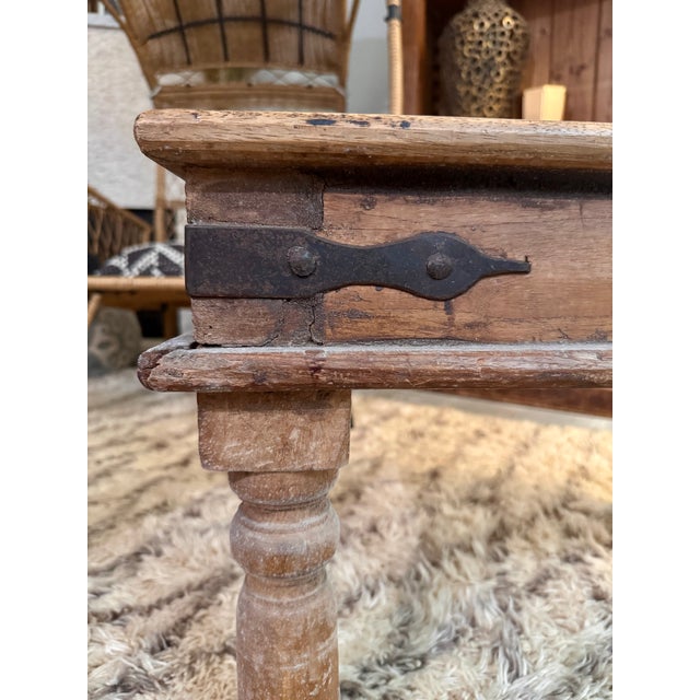 Mid 20th Century Vintage Indian Carved Teak Accent Table With Shadowbox Inset Brass Window Grate Glass Top For Sale - Image 5 of 6