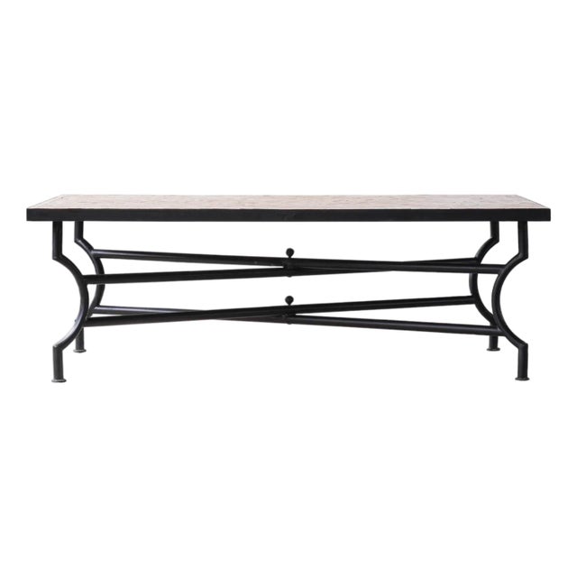 Matthew Izzo Home 51" Rectangle Unglazed Pink Moroccan Zellige Tile Coffee Table With Iron X Base For Sale