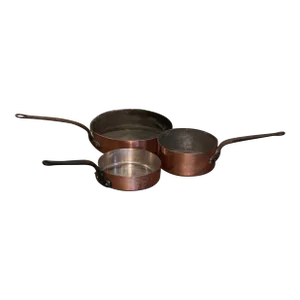 19th Century French Polished Copper and Wrought Iron Cooking Pans, Set of 3