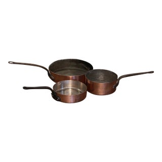 Set of 3 19th Century French Copper Cooking Pans With Wrought Iron Handles For Sale