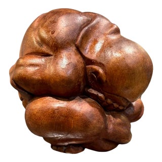 Vintage Hand Carved Wood Hotei Budai Laughing Buddha Seated Sculpture 7.5" For Sale