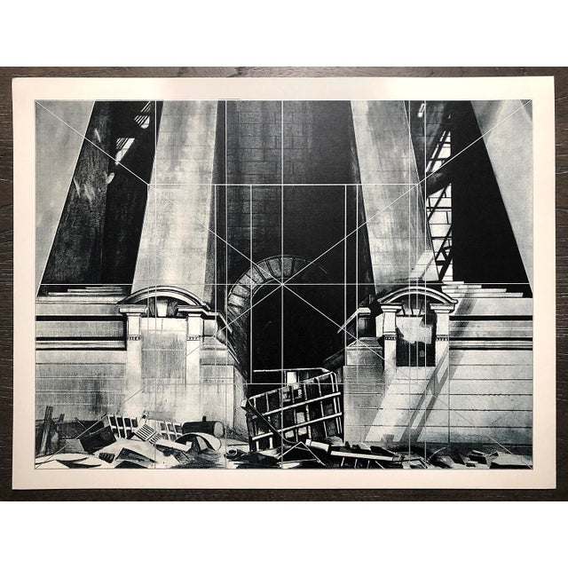 Lowell Blair Nesbitt (1933-1993) A moody depiction of a building entrance blocked by ladders, fences, pallets, and boxes....