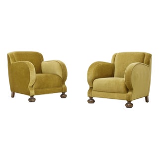 Märta Blomstedt, Attribution Lounge Chairs, Pair, Finland C. 1940, Carved Walnut, Mohair Upholstery For Sale