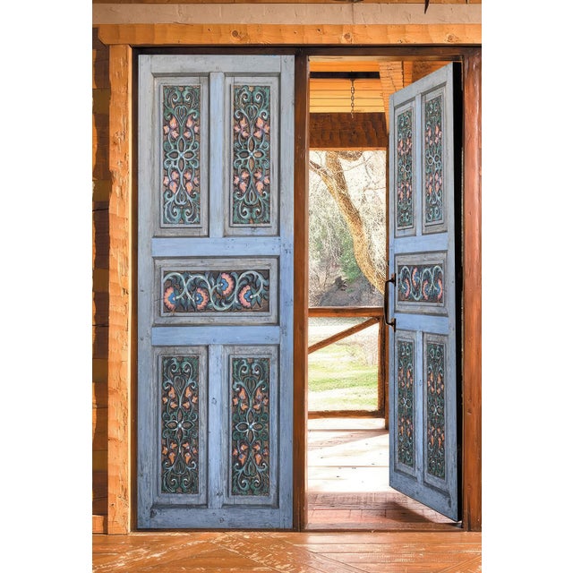 Mediterranean Hand-Carved Door in Distressed Blue With Ornate Floral Panels Custom Size Interior/Exterior For Sale - Image 6 of 18