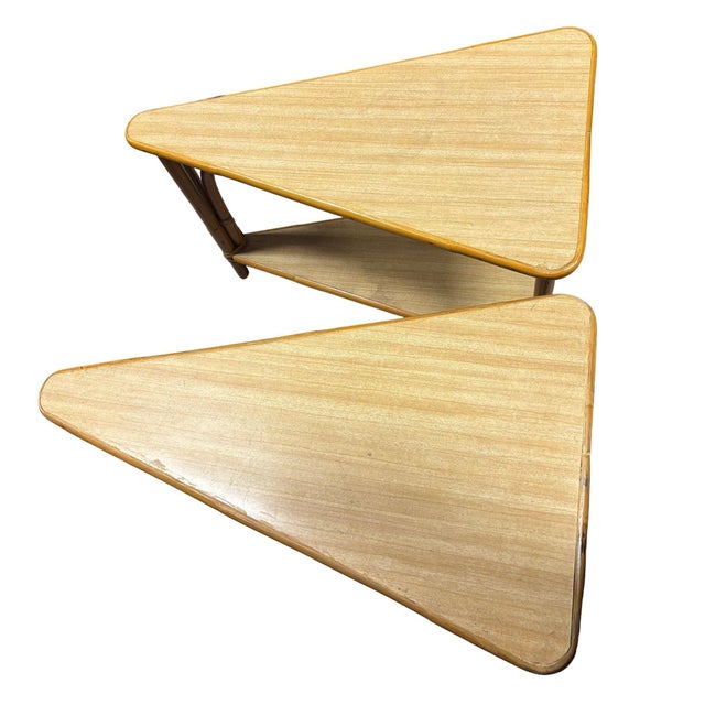 1950s Restored MCM Rattan & Formica 2-Tiered High Arch 3-Strand Wedge Side Table, Pair For Sale - Image 4 of 6