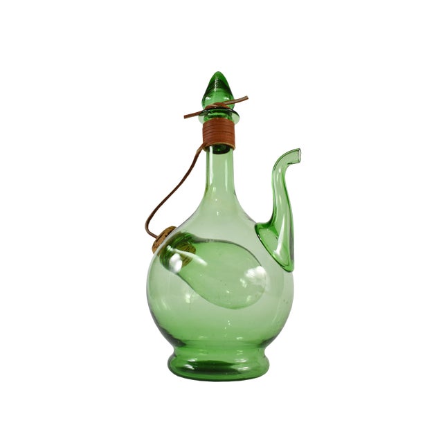 Vintage Hand Blown Italian Green Glass Wine Decanter Carafe With Ice