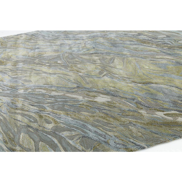 Modern Abstract Rug – Hand-Tufted Wool & Viscose – Blue, Gold, and Grey For Sale - Image 4 of 10
