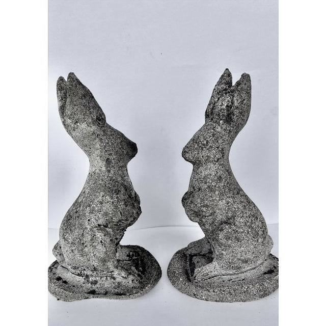 Mid 20th Century Composition Stone Garden Rabbit Sculptures With Weathered Patina, Pair For Sale - Image 5 of 14