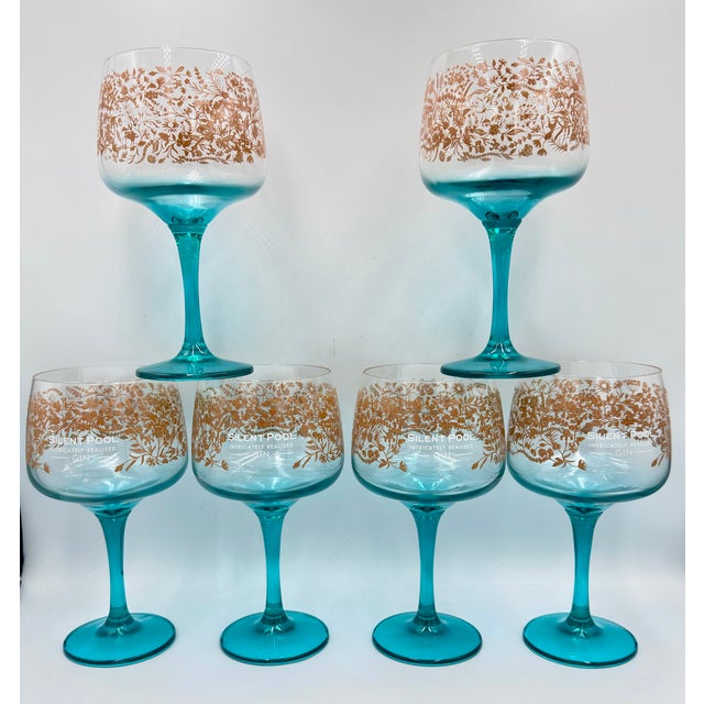 Art Deco 1980s Silent Pool Intricately Realised Copa Balloon Gin Glass Aqua 6pc Stem Goblets For Sale - Image 3 of 7