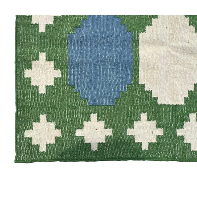 Casa Cosima Handmade Woolen Dhurrie Runner, Moss Green, White and Sky Blue Swedish Tile Runner- 3.5'x10' For Sale - Image 4 of 13