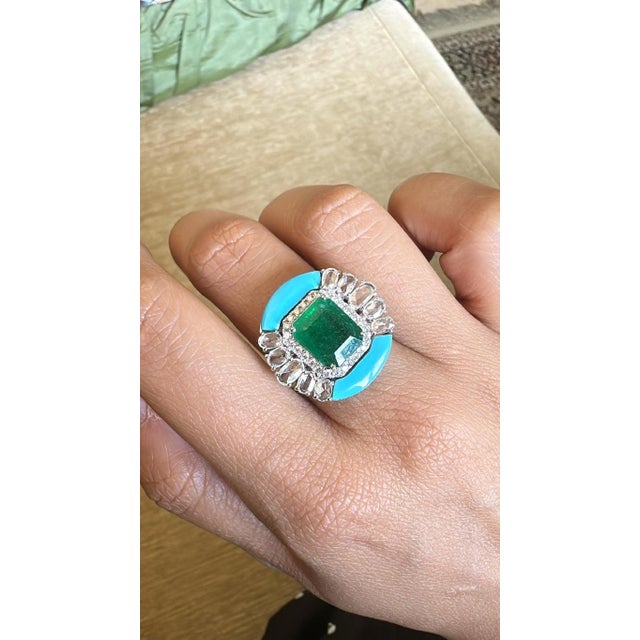 Green Set in 18k Gold, Zambian Emerald, Turquoise & Rose Cut Diamonds Cocktail Ring, Size 6.5 For Sale - Image 8 of 11