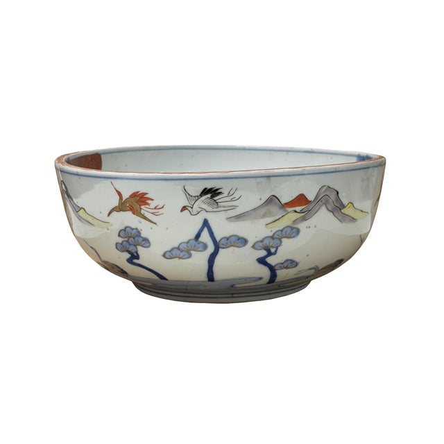Cornflower Blue 9.5" Asian Style Longevity Cranes Cloud Painted Porcelain Art Bowl For Sale - Image 8 of 14