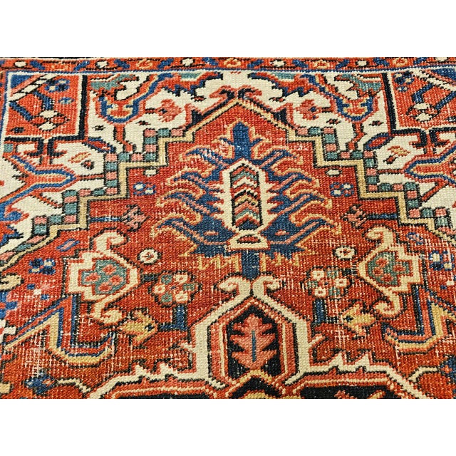 Vintage Persian Heriz Serapi Rug, Hand-Knotted Wool, Geometric Pattern, Brick-Red & Ivory, 4x4 For Sale - Image 18 of 18