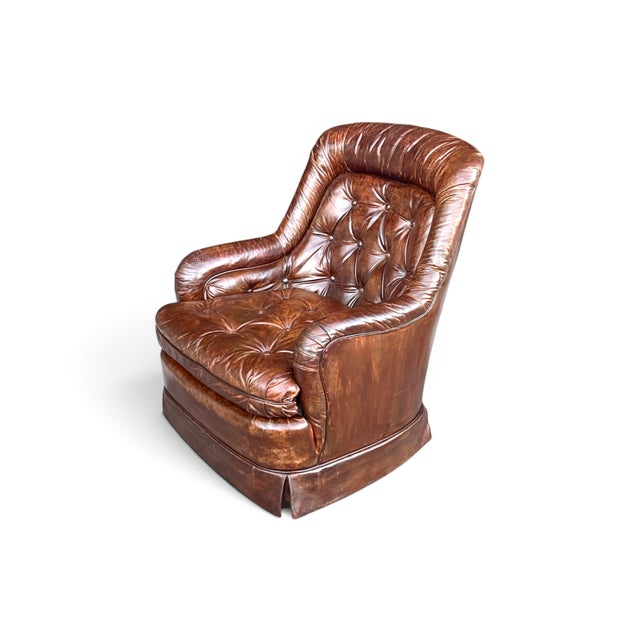 Wood Vintage 1970s Drexel Heritage Brown Leather Button-Tufted Swivel-Tilt Lounge Chair For Sale - Image 7 of 16