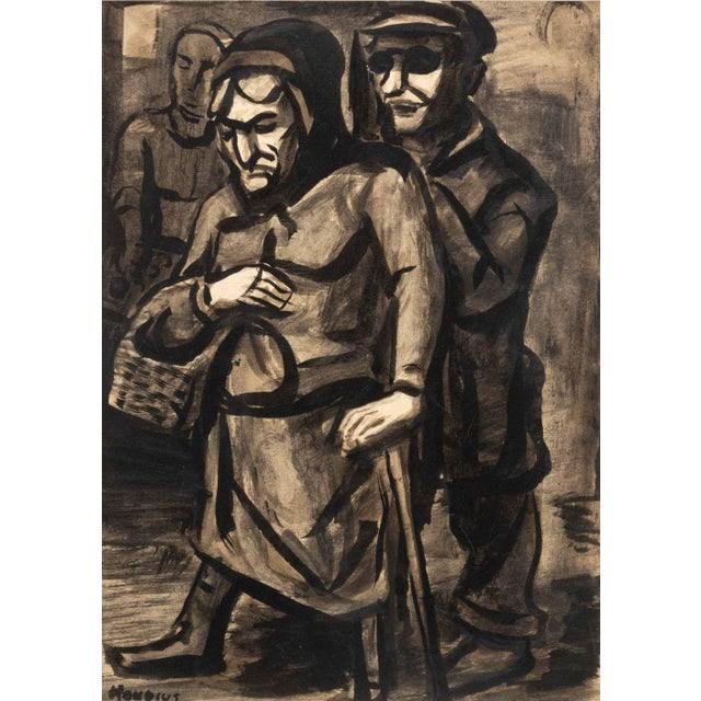Gerrit Hondius (Dutch, 1891-1970), Untitled (Scene of Two Figures), Ink Wash on Paper, signed "Hondius" lower left, gilt...