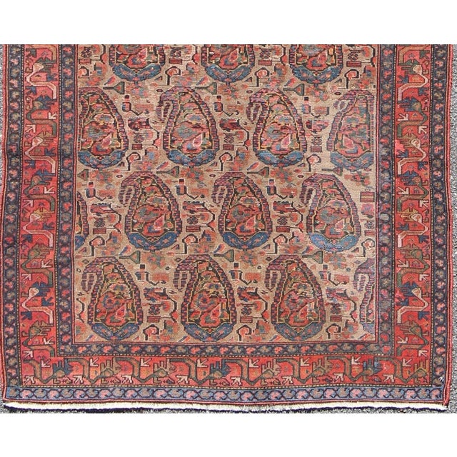 Tribal Late 19th-Century Antique Persian Paisley Seneh Malayer Rug With Large Paisley Field 4'0"x9'2" For Sale - Image 3 of 7