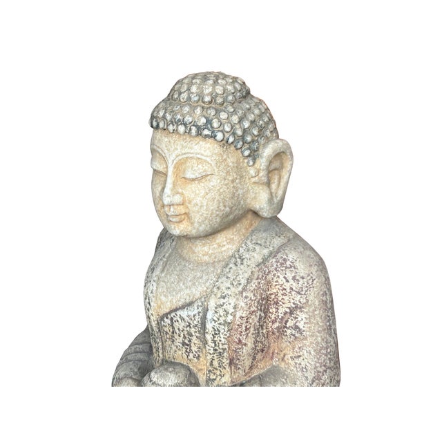 Stone Chinese Distressed Brown Gray Stone Sitting Meditation Buddha Statue For Sale - Image 7 of 17