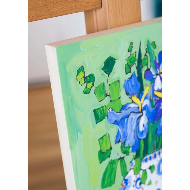 2020s Iris Bouquet in Floral Delft Vase on Green Maximalist Painting For Sale - Image 5 of 6
