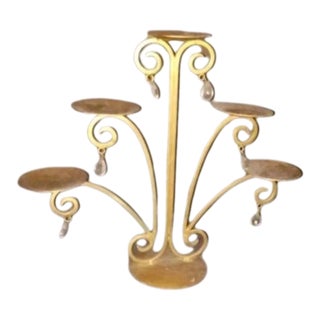1930s Fireplace Candelabra Spanish Revival VTG Gold Tone Scroll Wrought Iron Crystals For Sale
