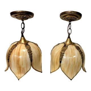 1950s Brass Butter Cream Slag Glass Tulip Pendant Lights - Pair For Sale