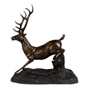 Large Bronze Stag Sculpture – Leaping Deer on Log Base, 36” H Wildlife Art