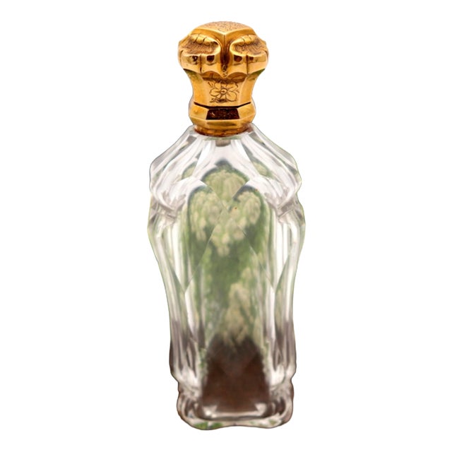 Perfume Bottle in Cut Glass with Gold Cap For Sale