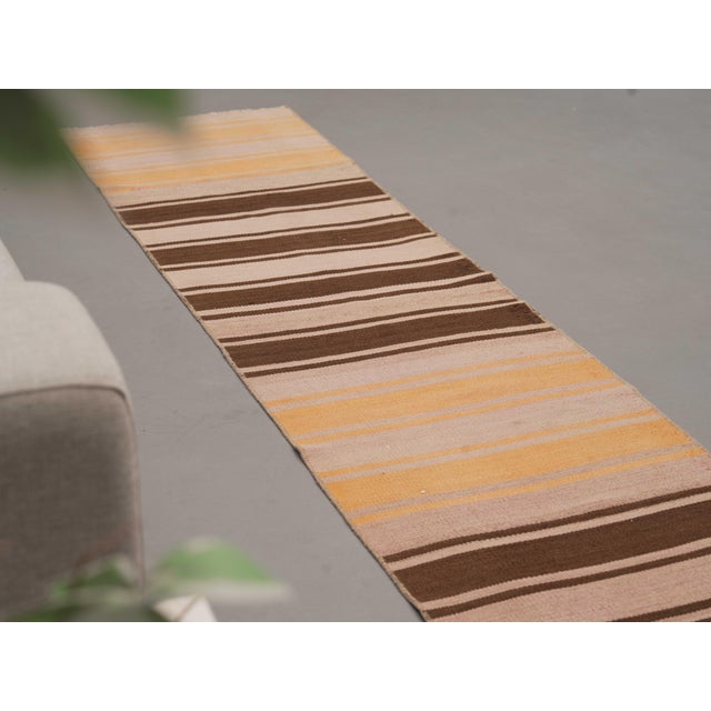 1970s 1970s Vintage Handmade Wool Cotton Brown Runner Rug For Sale - Image 5 of 11