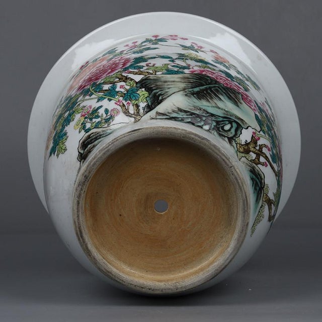 Late 20th Century Hand-Painted Famille Rose Porcelain Planter – 10.6" Peony Jardiniere With Calligraphy For Sale - Image 5 of 5