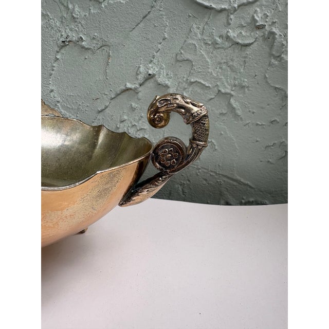 Mid 20th Century Vintage Silver-Plated Footed Jardiniere Centerpiece Bowl With Dragon Handles and Fleur-De-Lis Mounts For Sale - Image 5 of 12