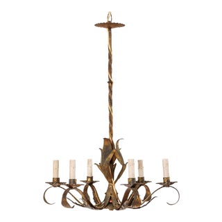 French Mid-Century Modern Six-Light Gold Brushed Iron Chandelier with Patina For Sale