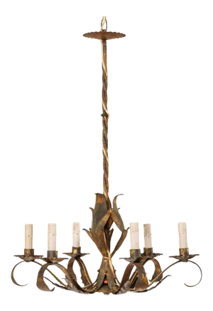 French Mid-Century Modern Six-Light Gold Brushed Iron Chandelier with Patina