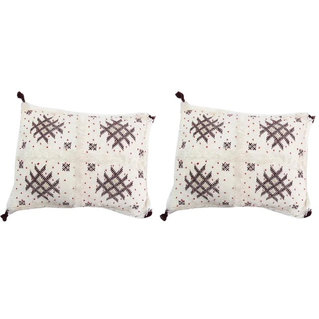 Contemporary Handmade Moroccan Burgundy & White Wedding Pillows - A Pair For Sale - Image 3 of 3