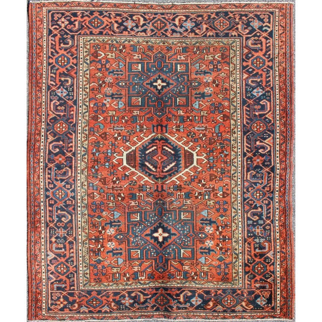 Red Antique Persian Karajeh Rug With Three Geometric Medallions in Rust & Blue For Sale - Image 8 of 8