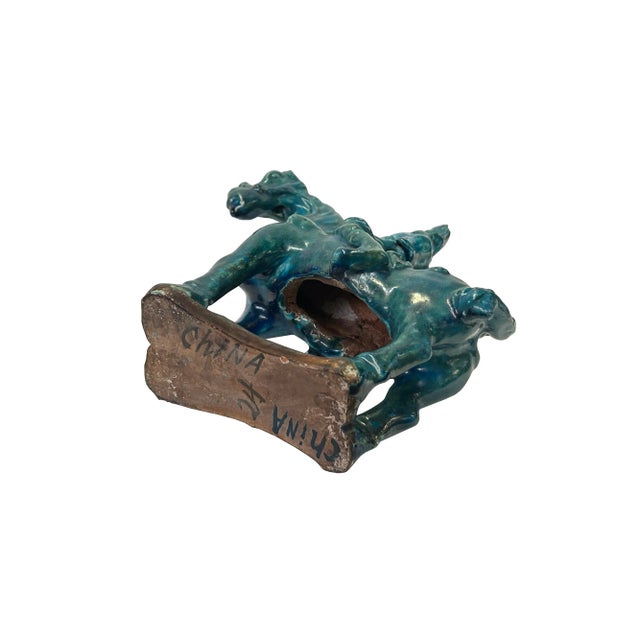 1980s Vintage Distressed Dark Green Glaze Ceramic Soldier Riding Horse Figure For Sale - Image 5 of 6