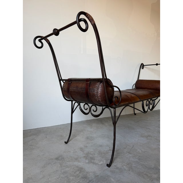 Vintage Rustic Wrought Iron & Leather Scroll Bench For Sale - Image 14 of 16