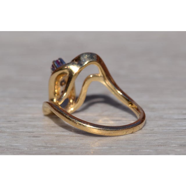 Mid 20th Century The Stavely: Ladies 14K Yellow Gold Open Bypass Ring with Rubies and Diamond For Sale - Image 5 of 10