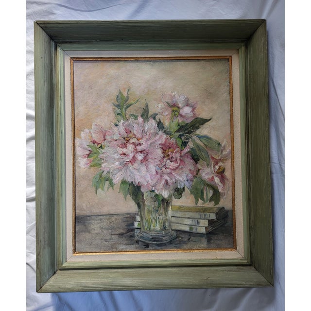 M.Valette, Impressionist Still Life of Peonies, 1950s, Oil on Canvas For Sale - Image 7 of 7