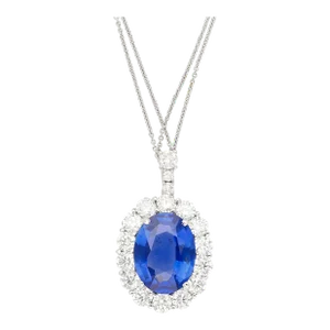 5.83 Carat Oval No Heat Blue Sapphire & Diamond Halo Platinum Pendant Necklace