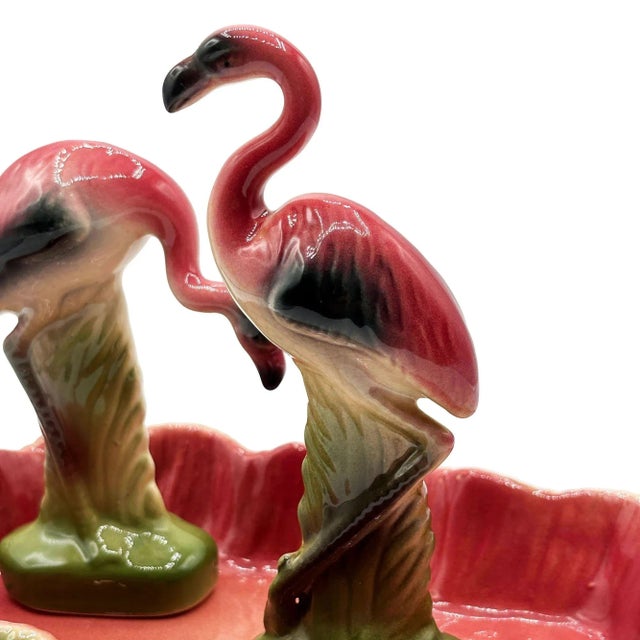 Mid-Century Modern California Pottery Ceramic Flamingo Figurine Set With Tropical Pond Tray - 3 Piece Set For Sale In Los Angeles - Image 6 of 17