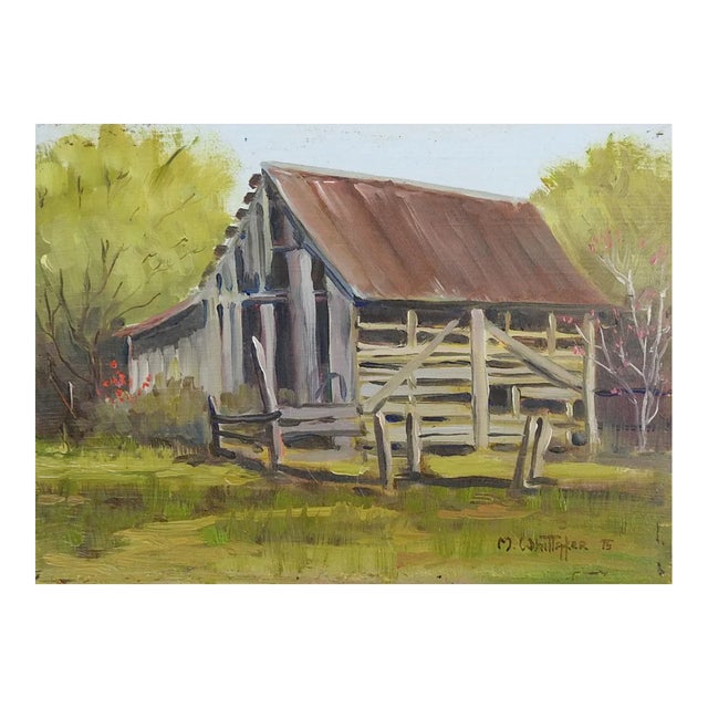 Small Vintage Rustic Barn and Landscape Painting For Sale