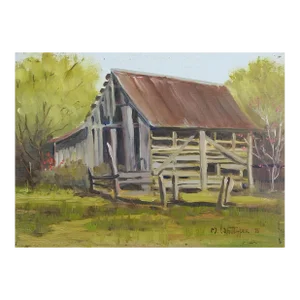 Small Vintage Rustic Barn and Landscape Painting