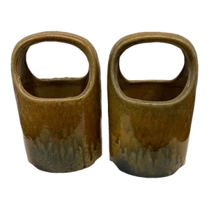Early 20th C Taisho Japanese Hibachi Vase Hand Room Warmers Pair Ceramic Glazed Wabi Sabi Antique Mingei