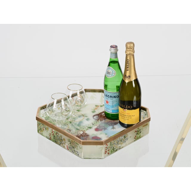 Octagonal Floral Acrylic Glass and Brass Serving Tray by Alberto Sordi, Italy, 1970s For Sale - Image 3 of 14