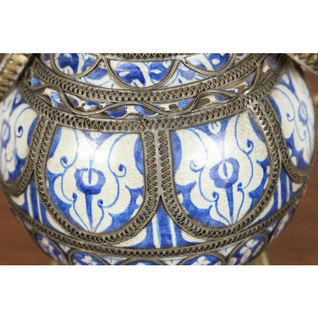 Metal Antique Moroccan Footed Vase, Blue & White Ceramic With Filigree For Sale - Image 7 of 9