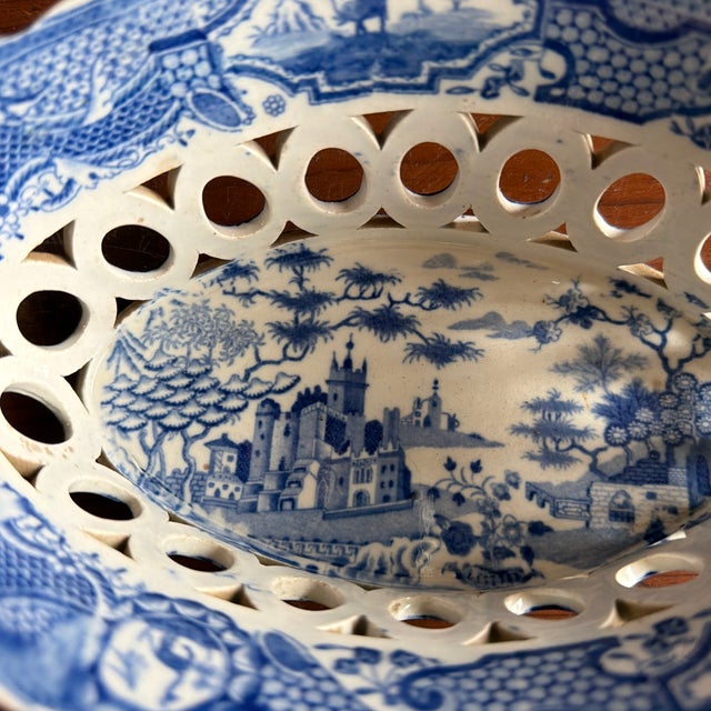 Farmhouse Antique Staffordshire Pearlware Blue Transfer "Gothic Castle" Chestnut Basket, Attributed to Spode, Circa 1820s For Sale - Image 3 of 12