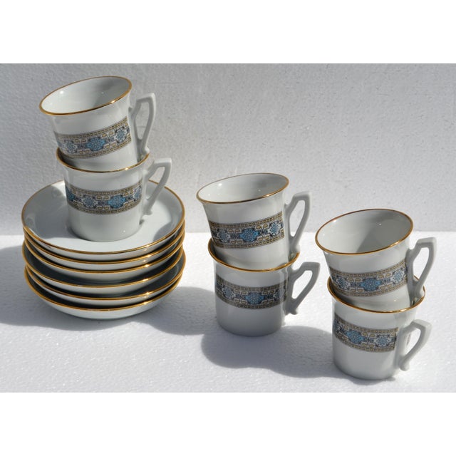 1950s Italian Demitasse Espresso Cup Set of 6 Matching Saucers Gold Leaf Porcelain For Sale - Image 10 of 14
